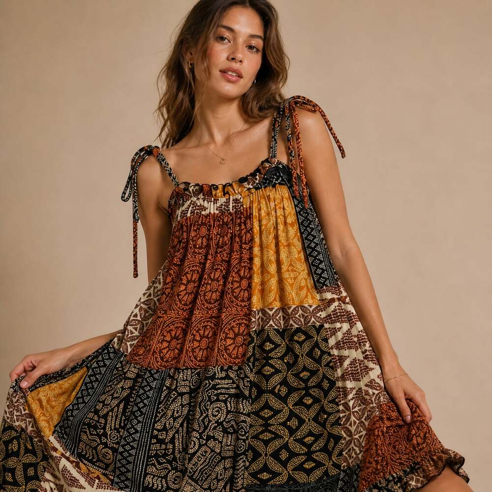 Signature Tiered Patchwork Boho Dress XL Earthy Festival Indie Aesthetic Summer